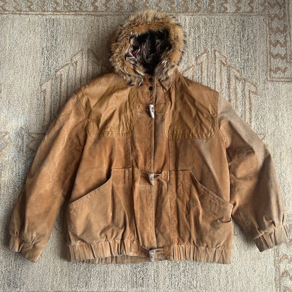 Vintage Brown Suede & Leather Fur Hood Parka 90s Streetwear Cabincore Jacket L - Picture 8 of 16